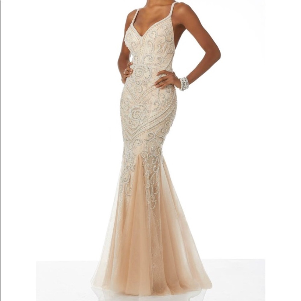 Mori Lee champagne mermaid beaded prom dress - Picture 1 of 8